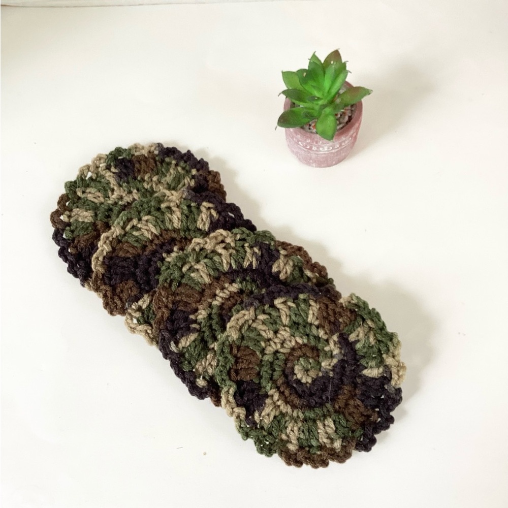 Coasters Hand Crafted Camo Crochet Brown Green Earthtone Acrylic